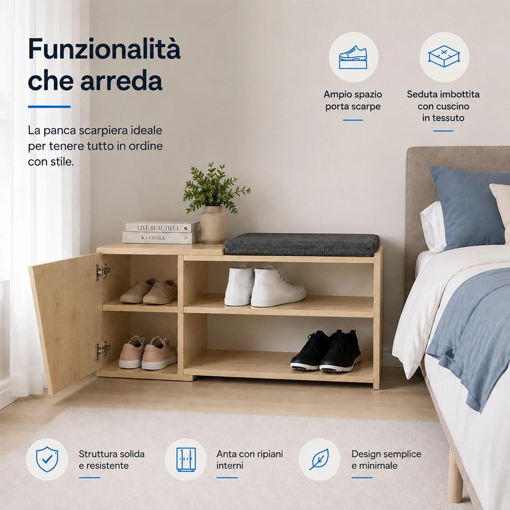 Panca Scarpiera Ingresso Casa 2 Ripiani Porta Scarpe con Anta e Cuscino Quercia