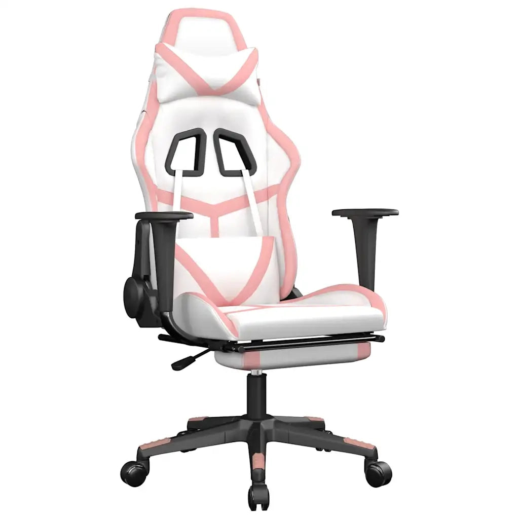Sedia da Gaming | Sedia da e-sports Massaggio Poggiapiedi Bianco e Rosa Similpelle