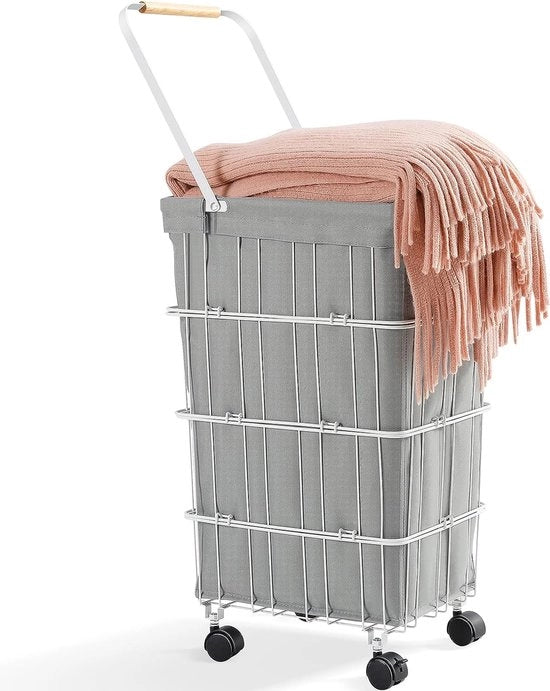 Wastino grande con ruote e maniglia, telaio metallico per camera da letto, grande contenitore per la biancheria con rivestimento in tessuto, grigio
