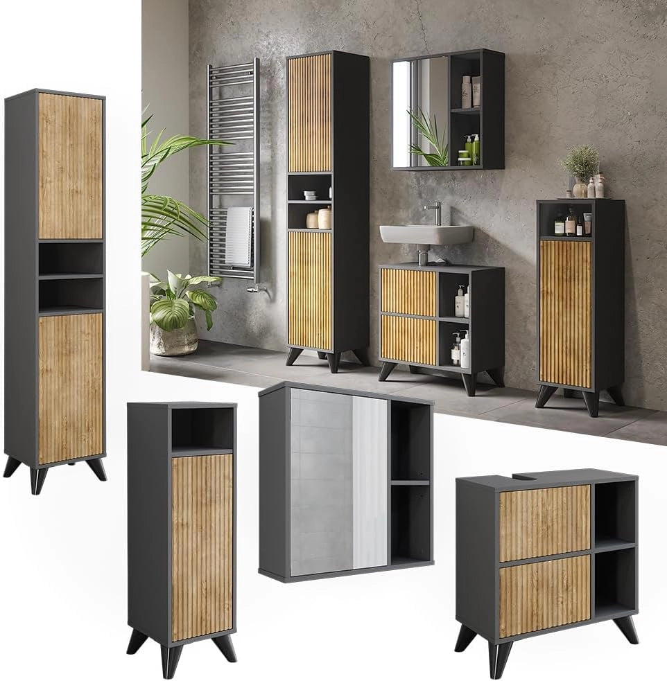 Set di mobili da bagno Leano, Antracite/quercia di montagna, 60 cm, composto da mobile lavabo, pensile a specchio, colonna e base media