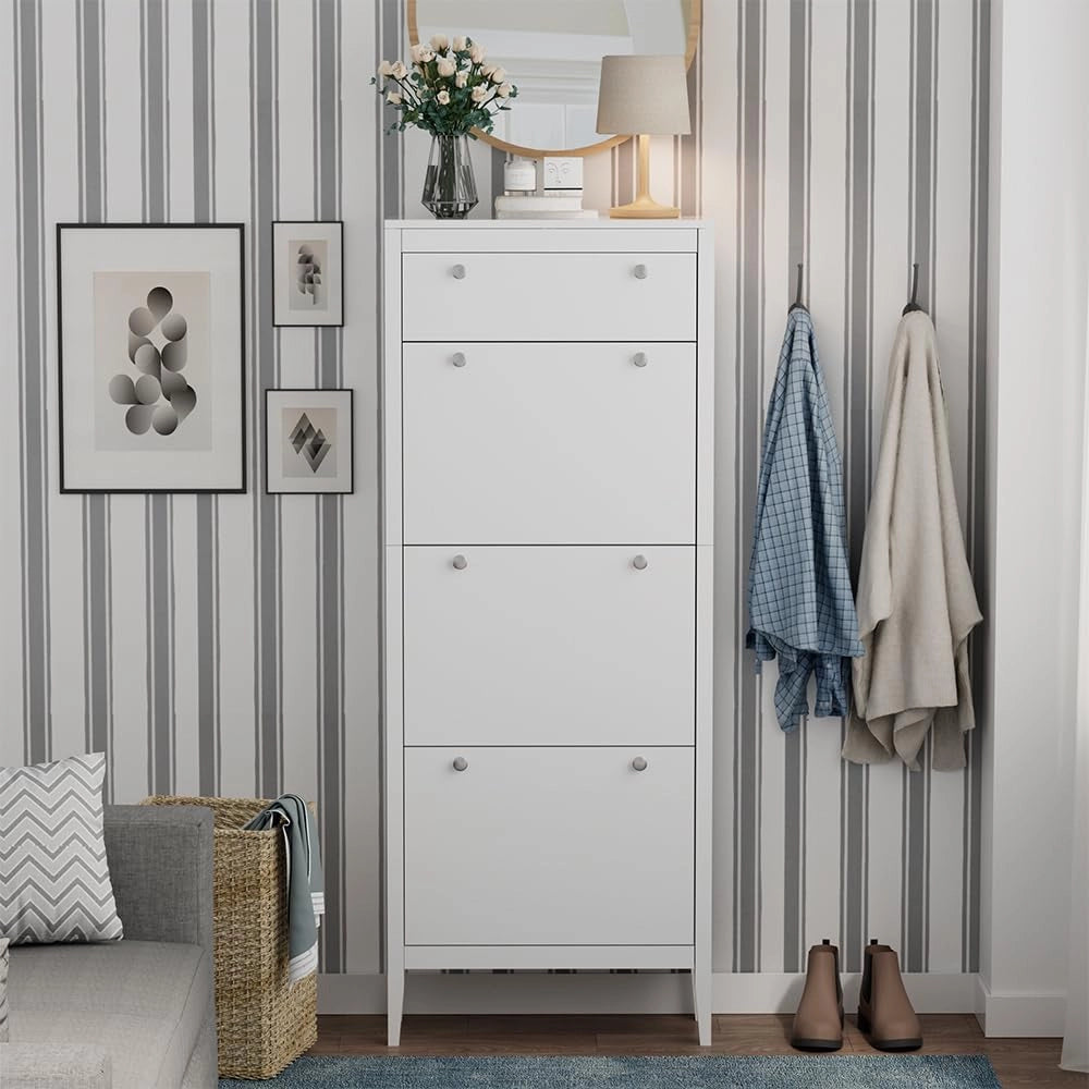Armadio per scarpe Aron, Bianco, 60 x 153 cm, 3 scomparti, per la conservazione delle scarpe e combinabile con altri moduli