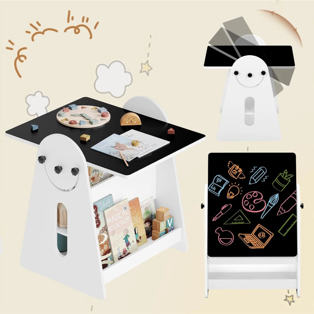 Set di Tavolo e Sedie per Bambini con Cavalletto, Tavolo con 2 Sedie per Bambini, Spazio di Archiviazione, Piano d'Appoggio Girevole, Bianco