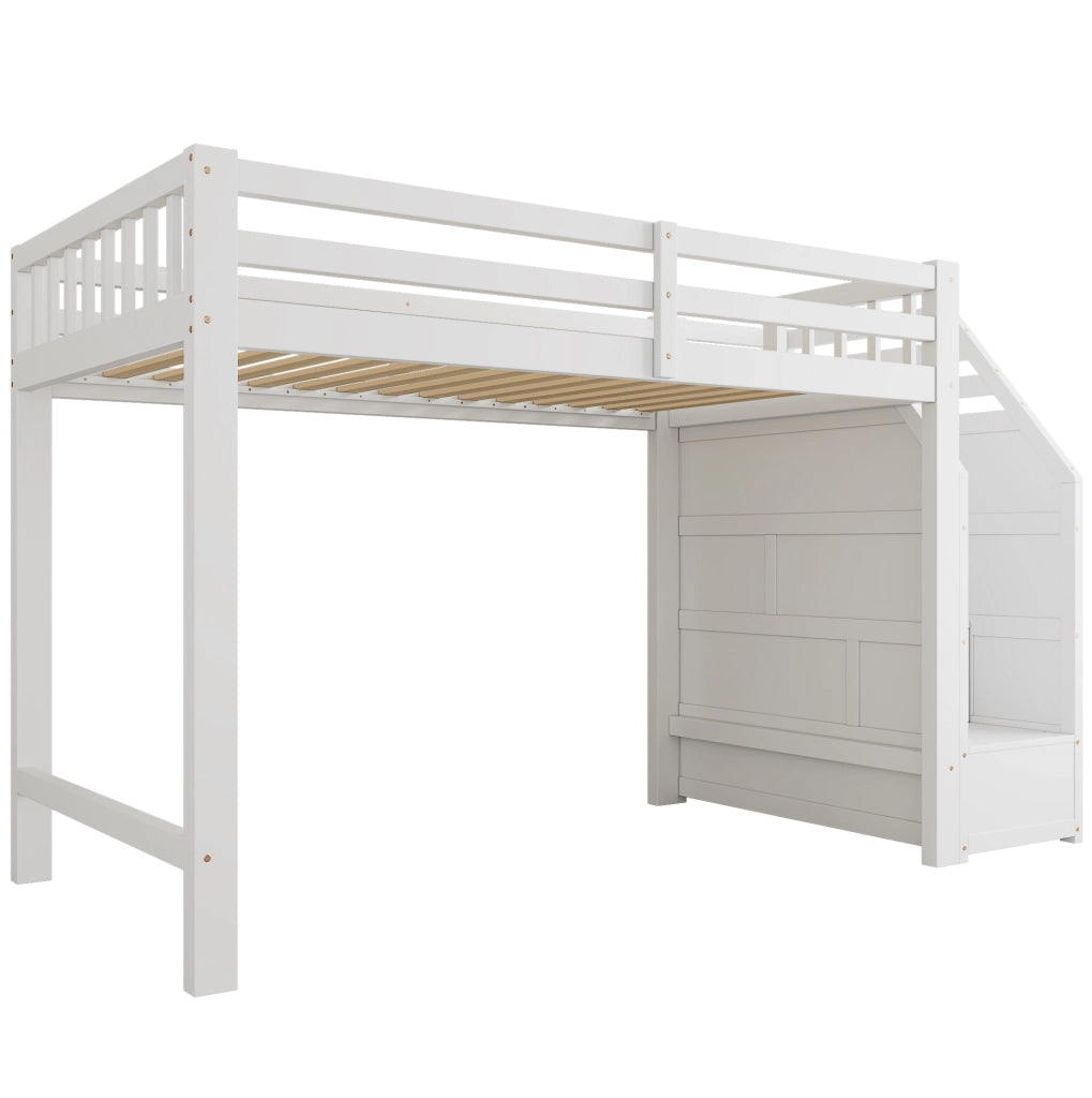 Letto a soppalco per bambini 90x200 cm con rete a doghe; scala contenitore e barriera; bianco