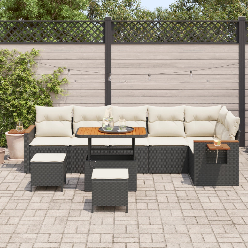 Set di divani da giardino 9 pezzi con cuscini polyrattan nero e acacia