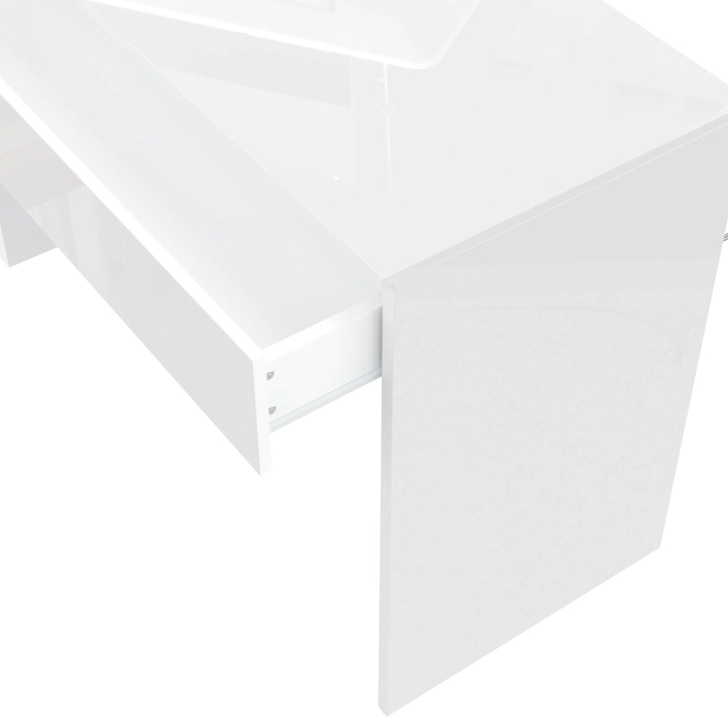 Scrivania moderna lucida 120 x 50 cm con LED, 2 cassetti e 1 anta, bianca