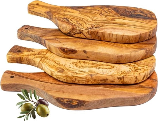 Set di Taglieri di Olivo Naturale - Manufatti a mano - Servire e Tagliare Cibi con Taglieri di Legno - Barbecue e Pane - 28x13 cm Maniglia
