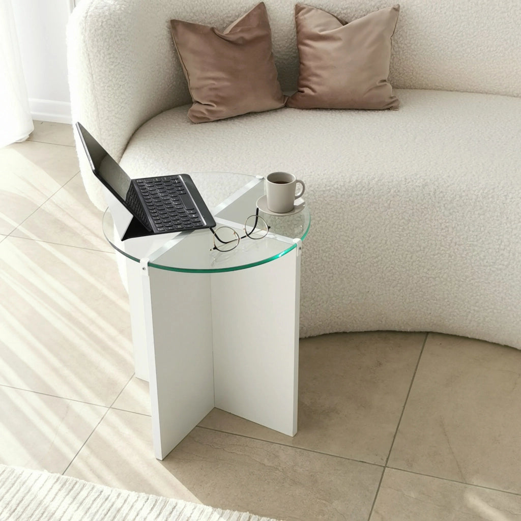 Genga, Tavolino da Salotto set 2 Pezzi Vetro Temperato, 70x70x38h cm Bianco
