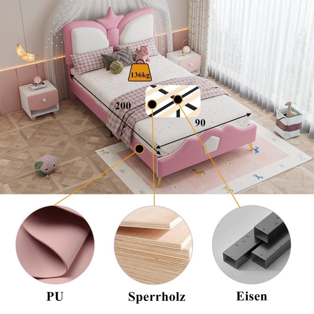 Letto Imbottito Singolo per Bambini con Testiera a Corona ¨C MINIMAL ¨C Rosa e Bianco, 90x200