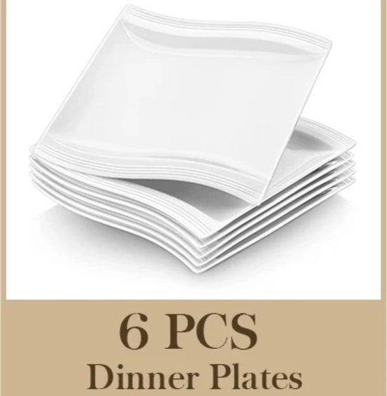 Set di tavola da quattro - 6 pezzi - Bianco porcellana - Design quadrato - 26x27 cm - Resistenze termiche e facile da pulire