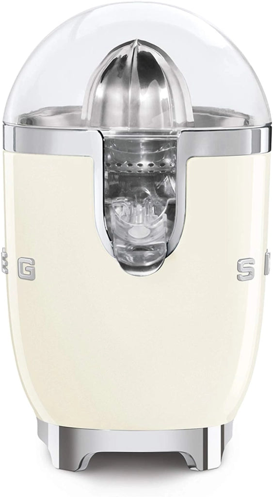 Smeg, spremiagrumi elettrico cjf11creu, spremitura a pressione manuale, beccuccio antigoccia e cono universale, base antiscivolo, avvolgicavo integrato, 70w, panna