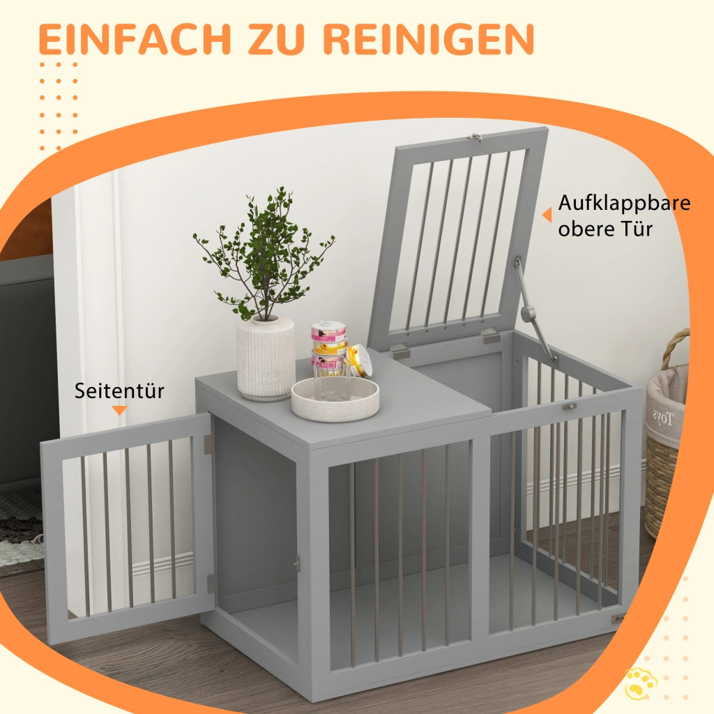 Cuccia per cani chiudibile con due porte, fondo rialzato, in MDF e acciaio, grigio, 80 × 50 × 56,5 cm
