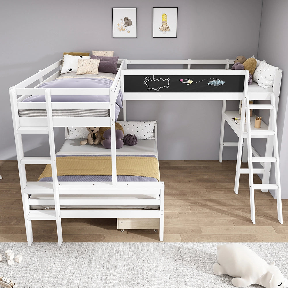 Letto a castello 140x200 e 90x200 - Xylo - 3 posti, cassetti, scrivania, scaffale, bianco