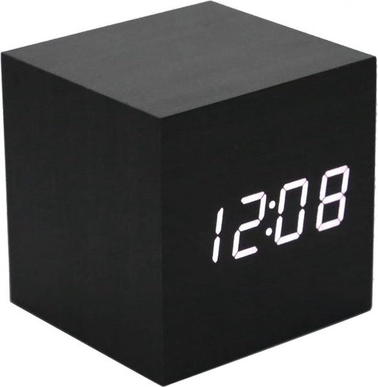 Digital Clock in Legno con Display LED e Calendario, Regolazione del Suono, Induzione Intelligente, Alimentazione USB/Batteria, per Ufficio Casa, Nero/ Bianco.