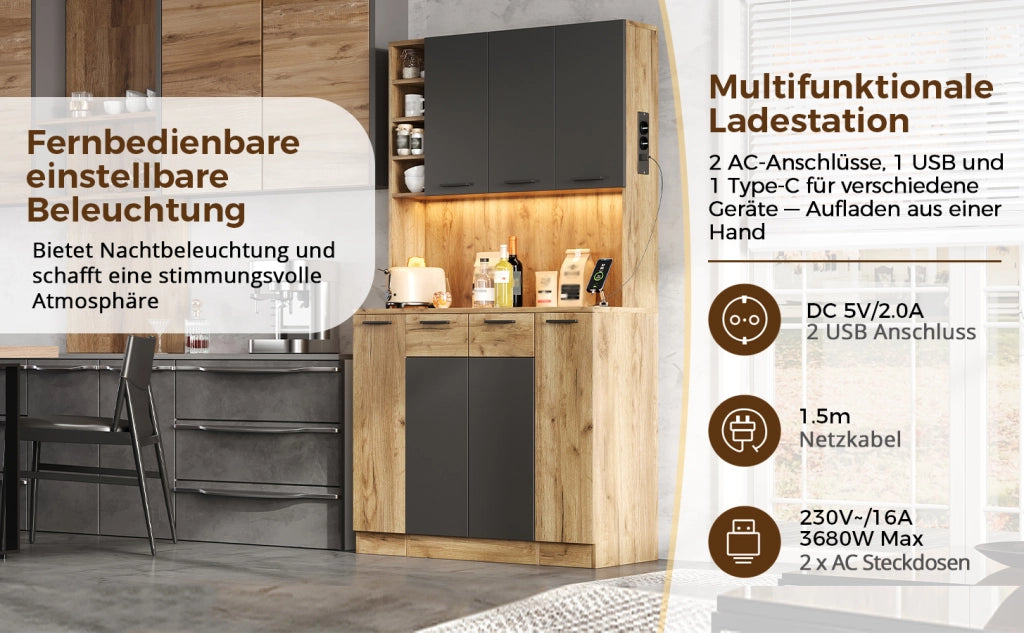Credenza alta multifunzione con LED, prese e vani portaoggetti, 100 × 40 × 180 cm