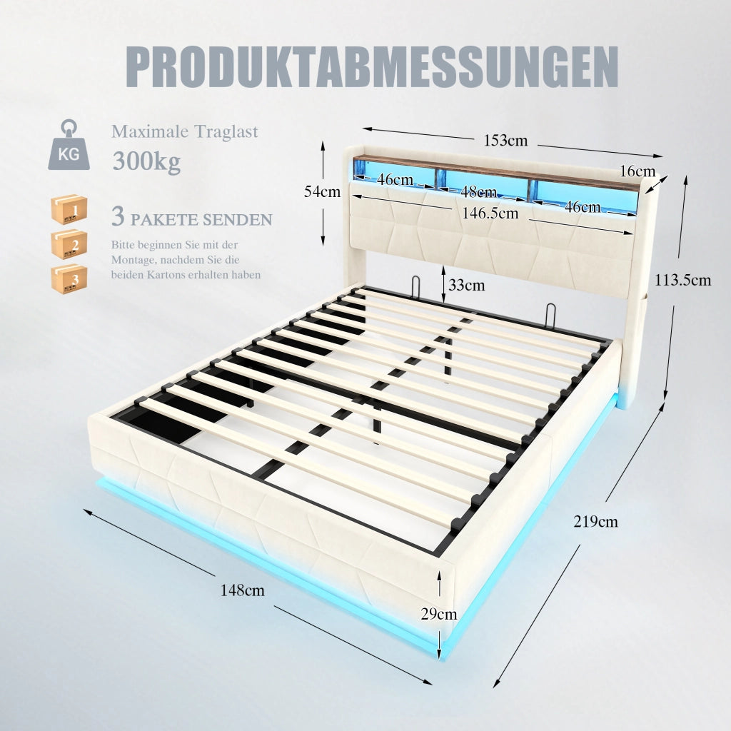 Letto contenitore 140 × 200 cm 2 posti con LED, ripiani, USB e Type-C, senza materasso, velluto beige