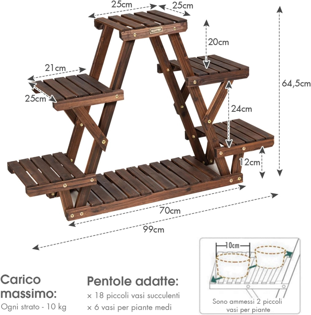 Porta Piante da Interno ed Esterno a 6 Livelli, Scaffale per Piante e Fiori a Scala in Legno, Porta Vasi da Balcone, Giardino e Salotto, 99 x 25 x 64,5 cm