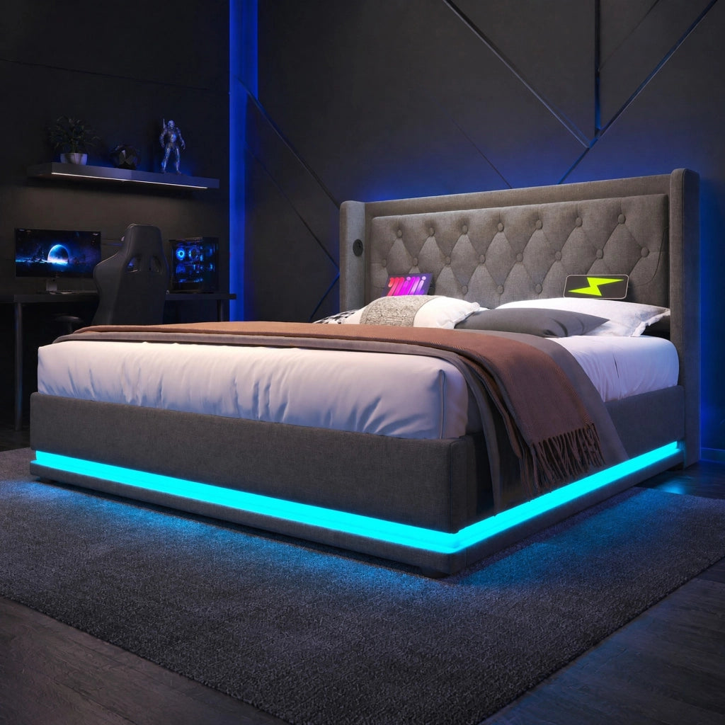 Letto matrimoniale 160x200 cm in cotone grigio con contenitore, LED a 3 lati e USB Type-C