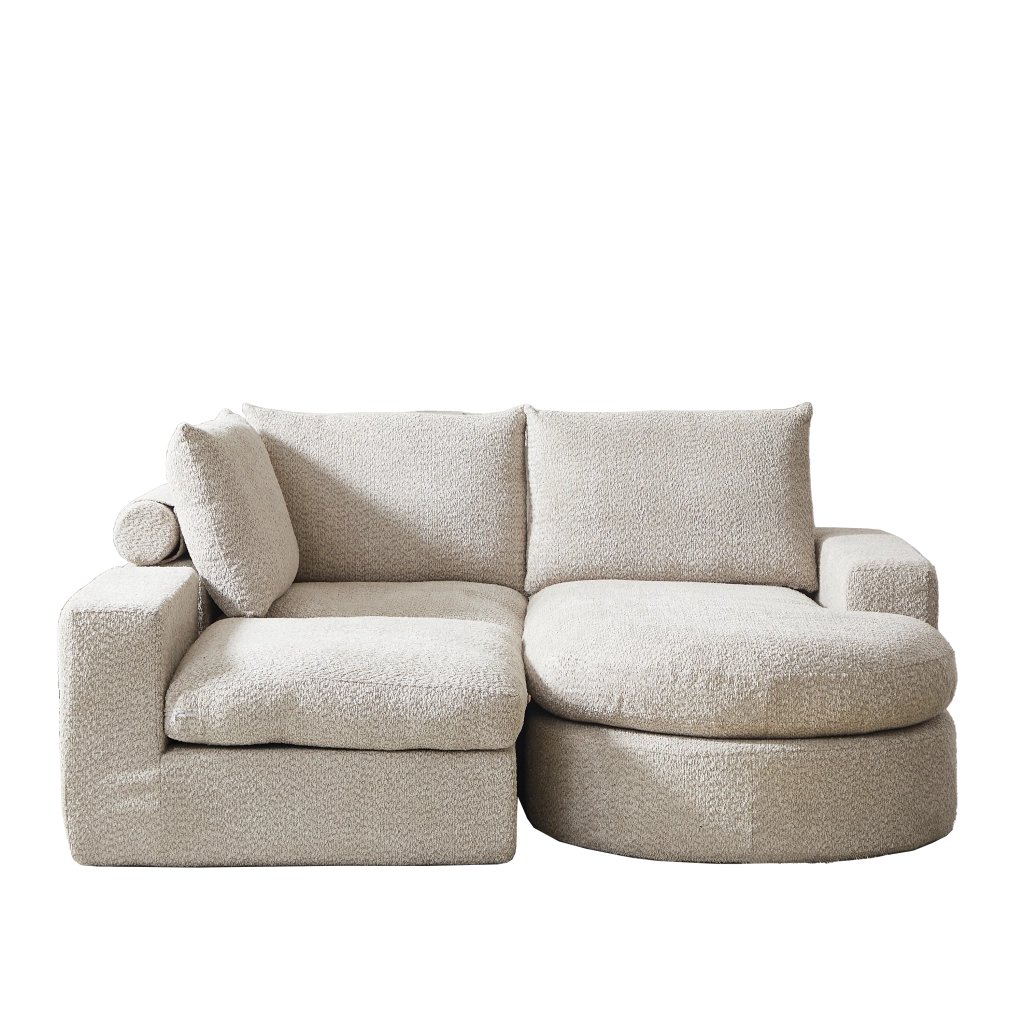 Divano modulare angolare reversibile con cuscini cervicali e schiuma ad alta densità in Chenille Beige