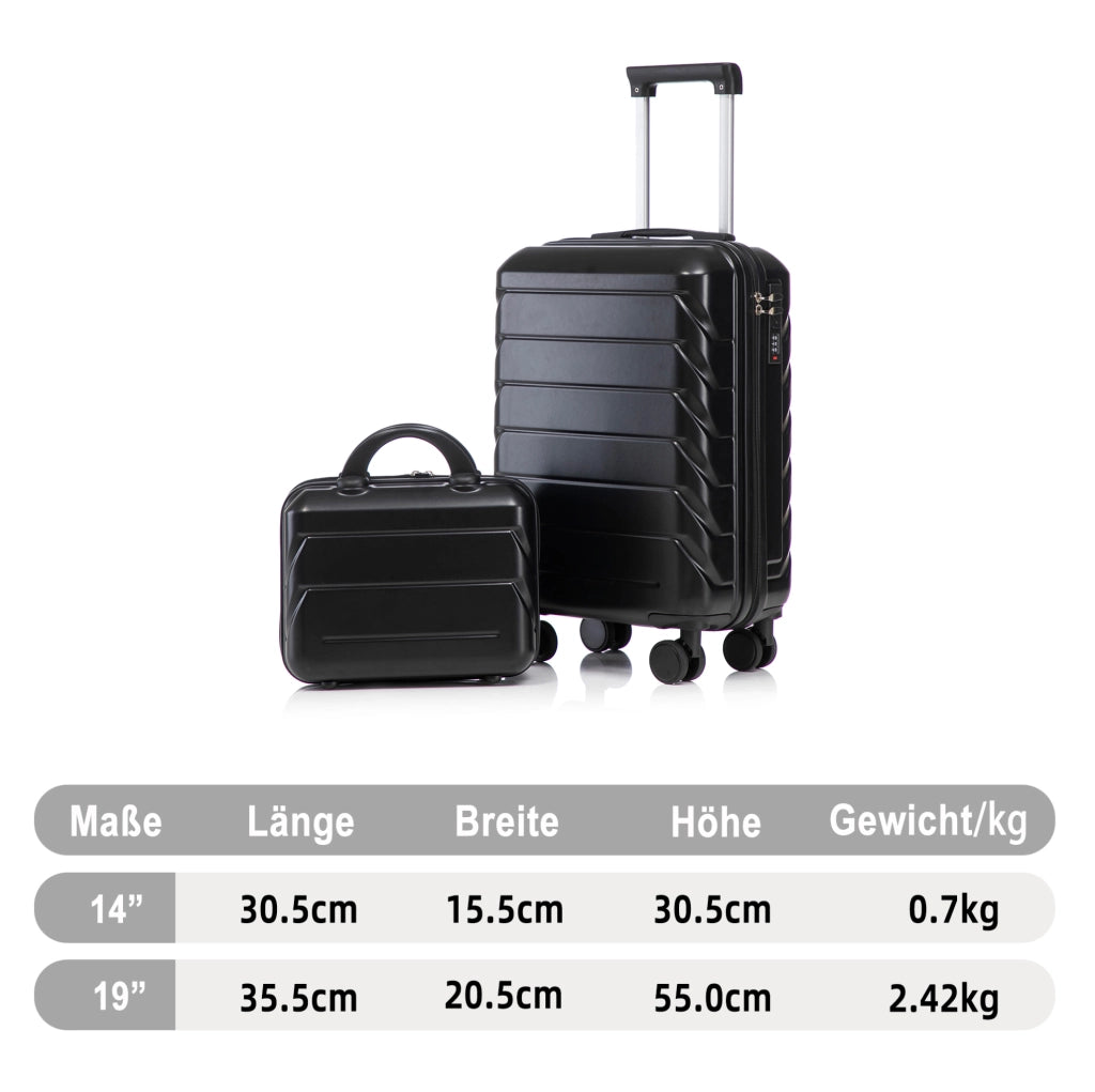 Set Valigie Rigide ABS 14" e 19" con Lucchetto a Combinazione e Beauty Case 14" Nero