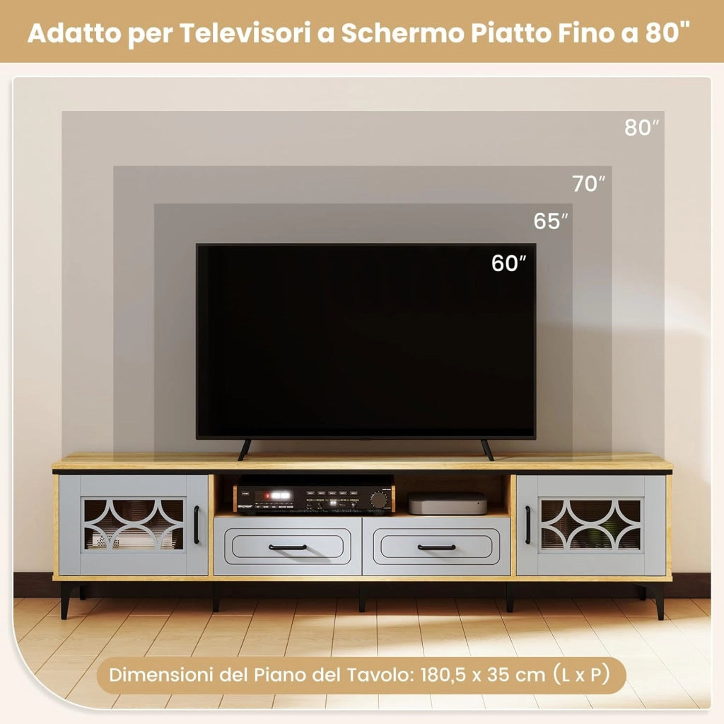 Mobile TV in Legno per Televisori Fino a 80", Mobile Porta TV 180 cm con 2 Cassetti, 2 Armadi e Scomparto, 7 Gambe Metalliche Rialzate, Consolle Media per Soggiorno (Blu)