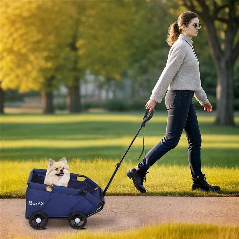 PASSEGGINO PER CANI PIEGHEVOLE CON BORSA E CUSCINO IN ACCIAIO E TESSUTO OXFORD 53X45X28 CM BLU SCURO