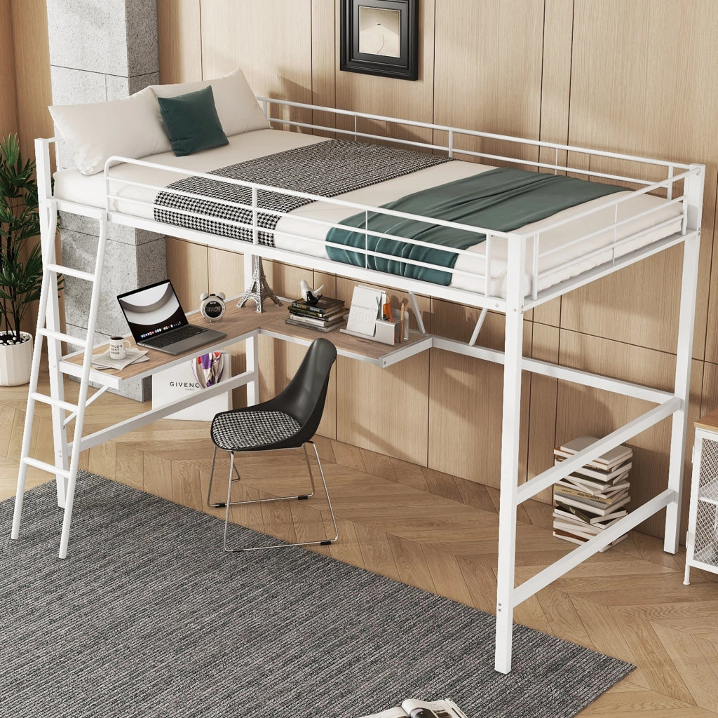 OKWISH Letto a Soppalco 90×200 cm, Letto Singolo con Scrivania a L, Scaffali e Scala, senza Materasso, in Metallo, Bianco