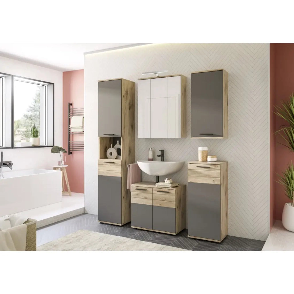 Set da bagno: Mobile sotto lavabo, colonna, mobiletto con specchio + 2 mezze colonne – Grigio antracite e