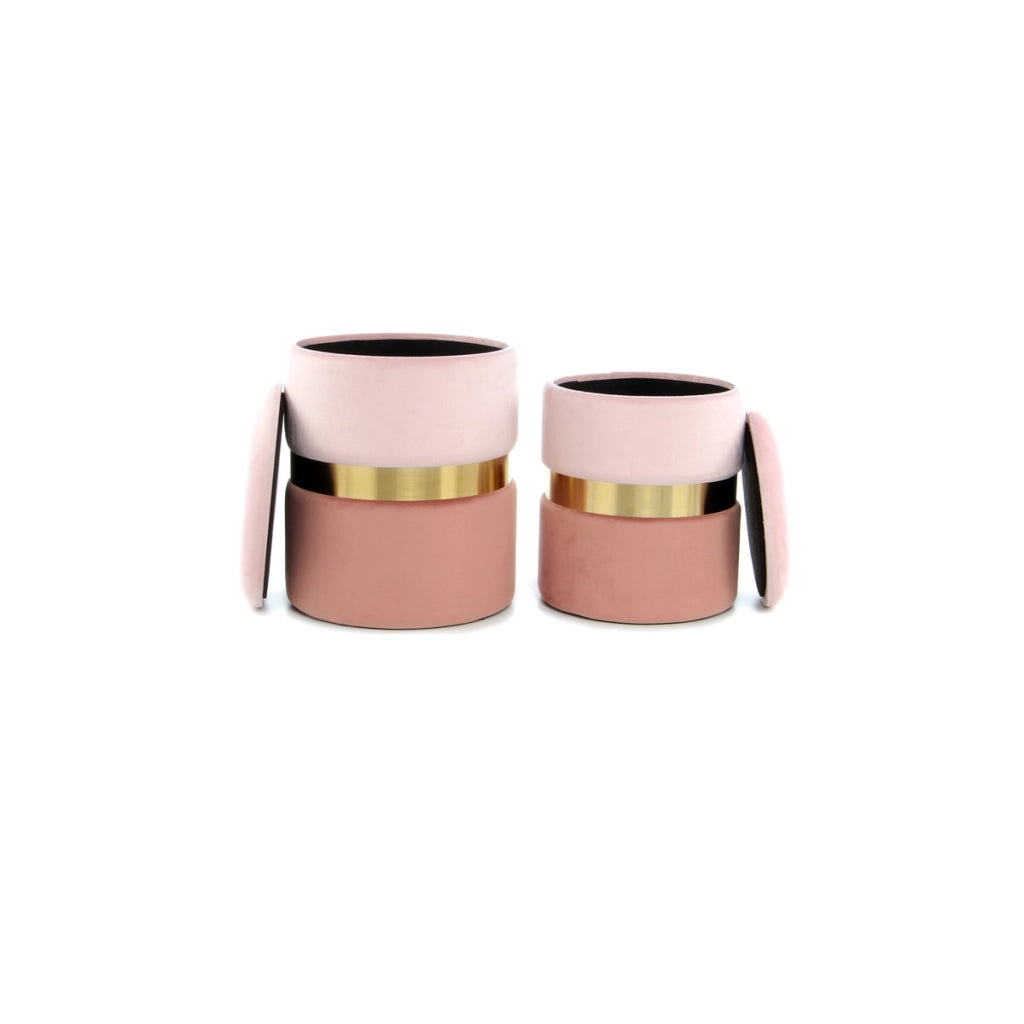 Set di 2 pouf contenitori Zora in velluto rosa e oro