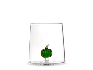 Bicchiere in vetro borosilicato trasparente con miniature decoro zucca verde