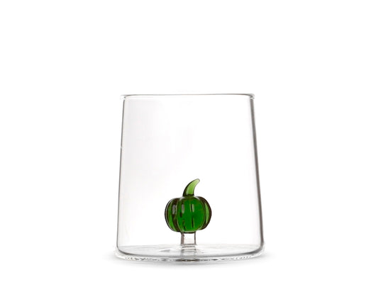 Bicchiere in vetro borosilicato trasparente con miniature decoro zucca verde