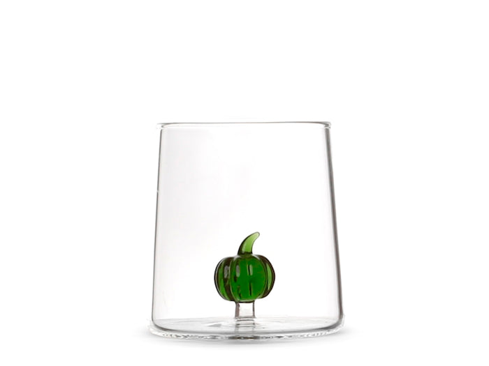 Bicchiere in vetro borosilicato trasparente con miniature decoro zucca verde