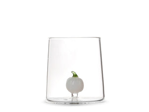 Bicchiere in vetro borosilicato trasparente con miniature decoro zucca bianca