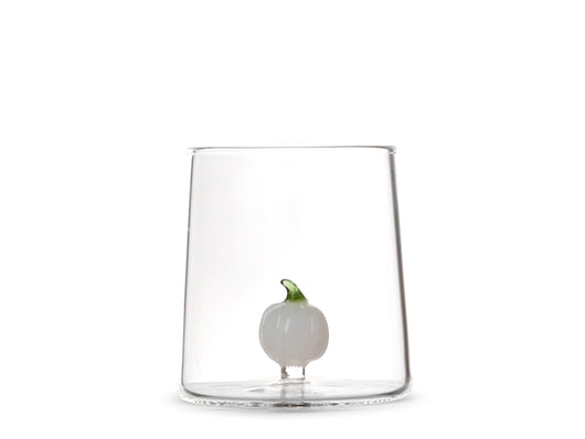 Bicchiere in vetro borosilicato trasparente con miniature decoro zucca bianca