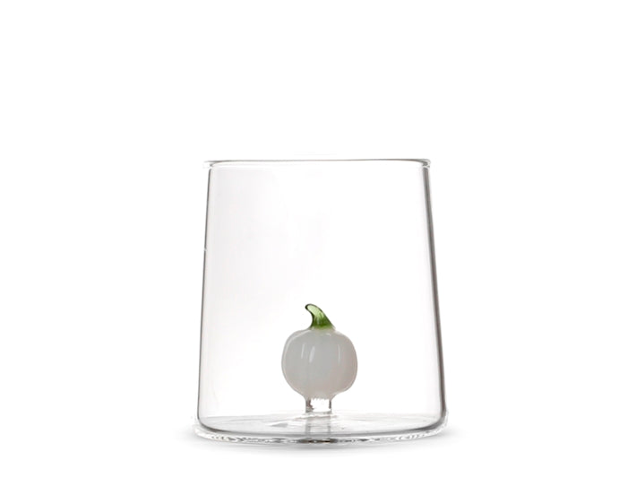 Bicchiere in vetro borosilicato trasparente con miniature decoro zucca bianca