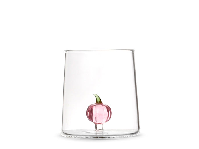 Bicchiere in vetro borosilicato trasparente con miniature decoro zucca rosa