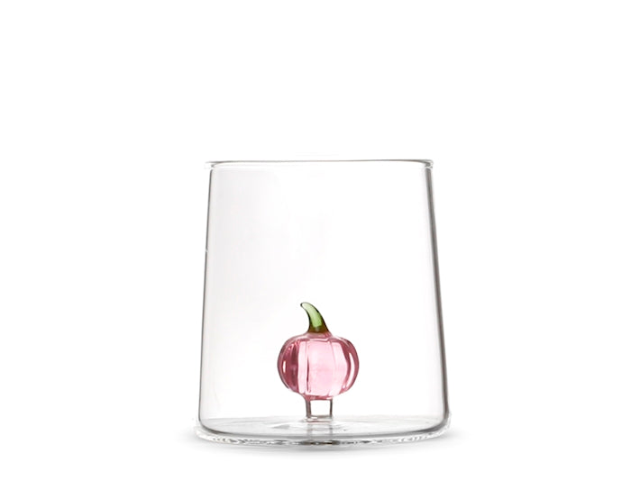 Bicchiere in vetro borosilicato trasparente con miniature decoro zucca rosa