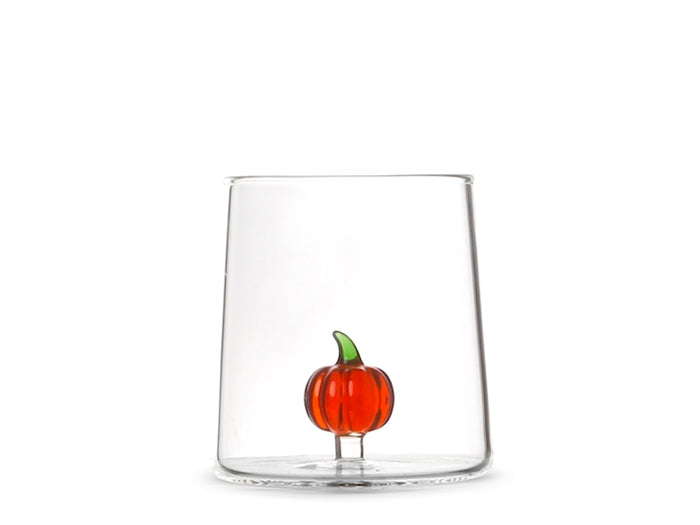 Bicchiere in vetro borosilicato trasparente con miniature decoro zucca rossa