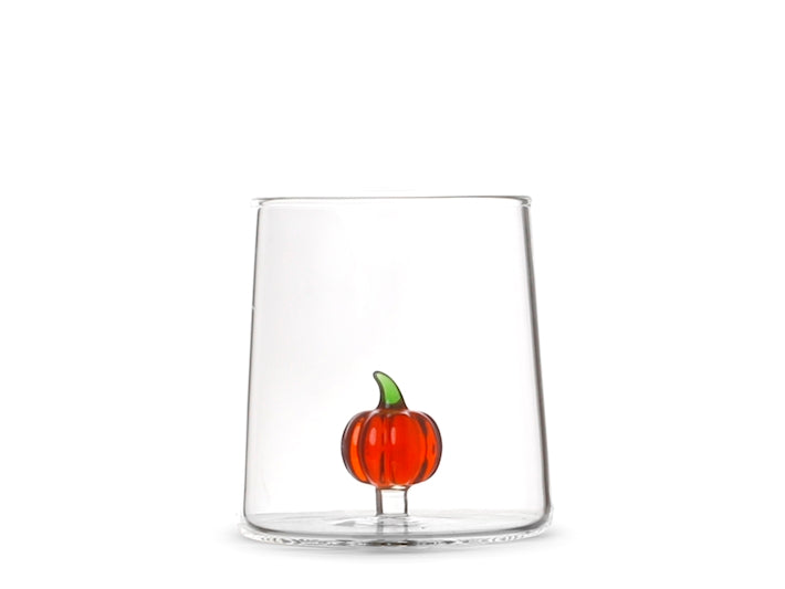 Bicchiere in vetro borosilicato trasparente con miniature decoro zucca rossa