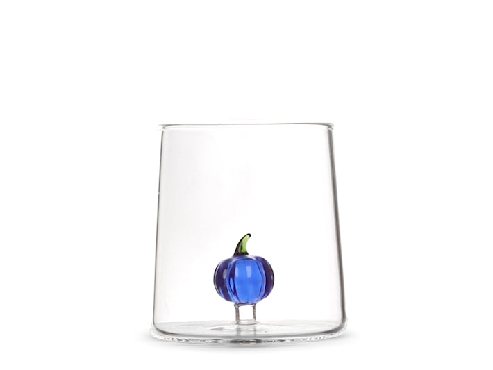 Bicchiere in vetro borosilicato trasparente con miniature decoro zucca blu