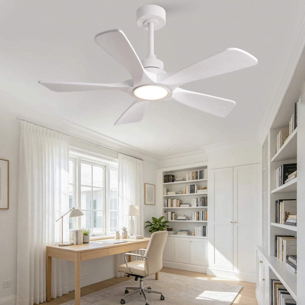 Ventilatore da soffitto bianco puro 42 pollici, 5 pale legno massello rinforzate, motore DC reversibile silenzioso, design moderno classico