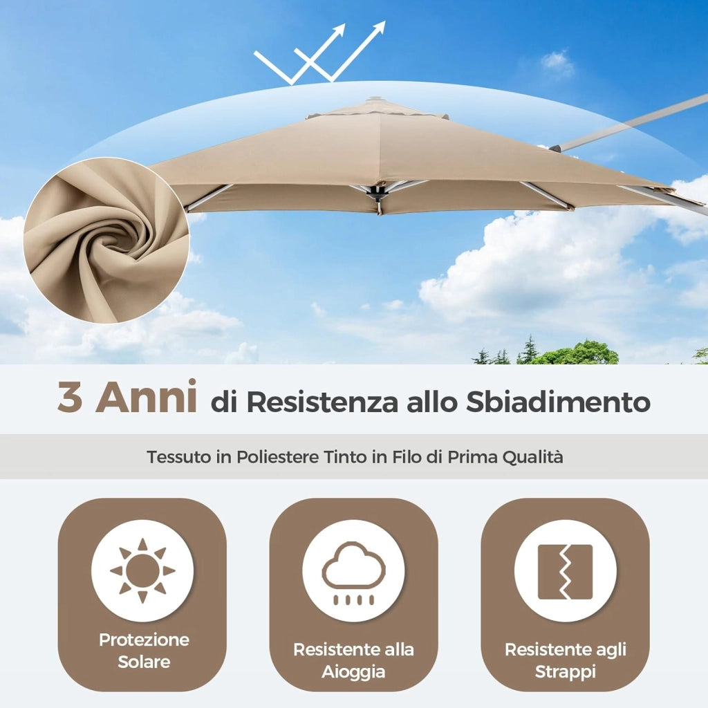 Ombrellone da Giardino 339 cm, Ombrello da Giardino Rotondo con Rotazione a 360°, Ombrellone da Giardino Inclinabile con Base, Ombrello da Sole per Giardino, Patio (Beige)