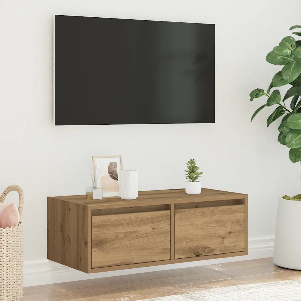Mobile Porta TV con Luci LED Rovere Artigianale 75x35,5x25 cm 860237
