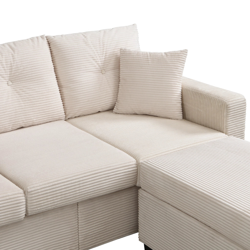 Divano angolare 3 posti con LED, contenitore e pouf convertibile in chaise longue, in velluto a coste beige