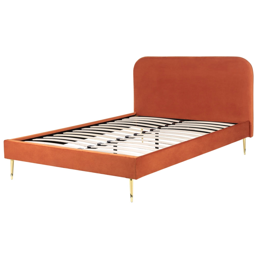 Letto arancione velluto tappezzeria doppia dimensione gambe dorate testiera con rete a doghe 140 x 200 cm design minimalista