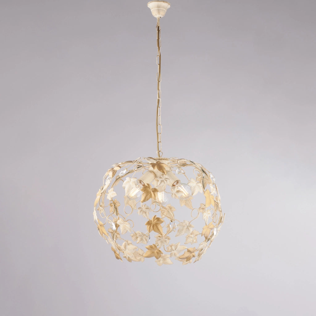 Lampadario Shabby Edera 3 Luci Ferro Battuto Avorio Oro Con Foglie E Cristalli