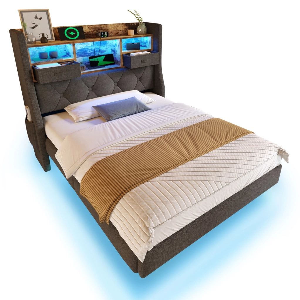 Letto imbottito 90x200 cm con LED; USB e USB C; testiera contenitore; lino grigio