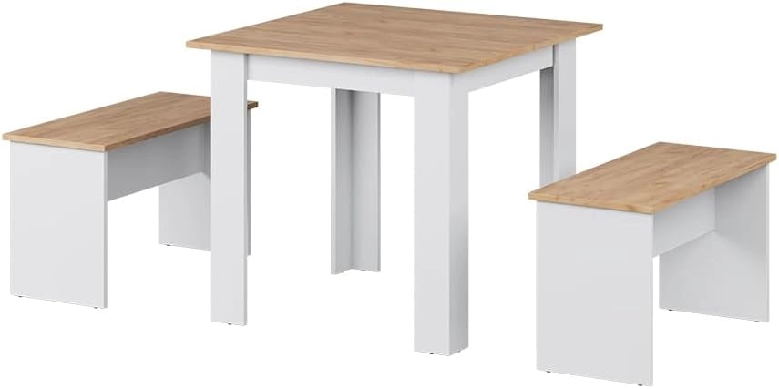 Set da pranzo Sentio, Quercia dorata/bianco, 80 x 80 cm con 2 panche, salvaspazio per zona pranzo e angolo colazione