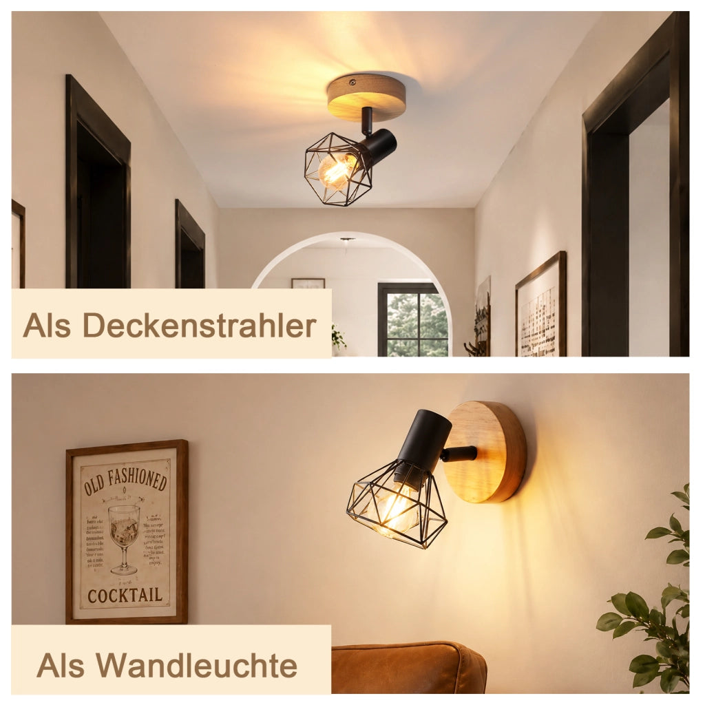 ZMH Faretto da soffitto 1 Luce Nero Legno E14 Vintage Industriale Orientabile 350¡ã per Cucina Camera Senza Lampadina