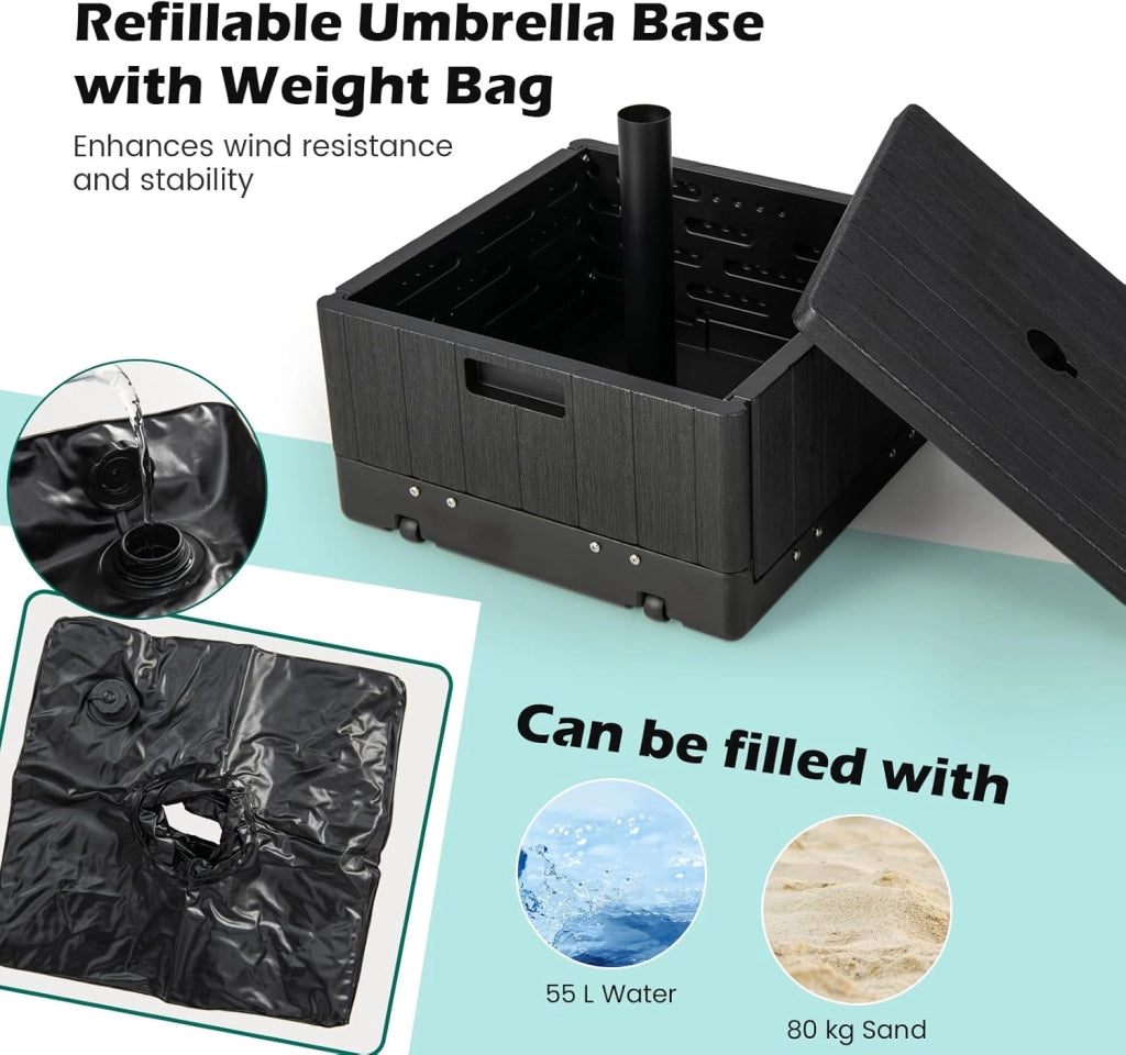 Piedino per ombrellone da riempire con 45 litri di acqua / 67 kg di sabbia base ombrellone con ruote e piano di posizionamento, supporto per ombrellone da 38/48 mm, 53 x 53 x 45 cm