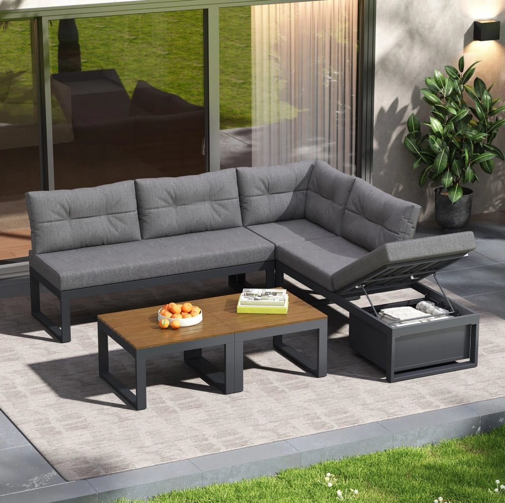 Set da giardino modulare grigio con schienale regolabile, contenitore e cuscini confortevoli